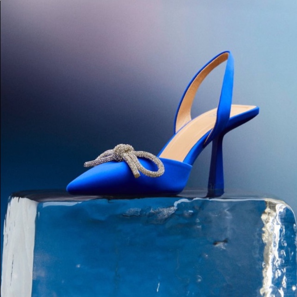 ZARA | embellished bow heeled sling back